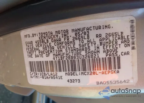 2003 Toyota Avalon Xl/Xls z USA, uszkodzony, nr VIN 4T1BF28B03U326821